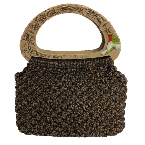 Vintage Knit Tote Purse with Wooden Handles and Hummingbird Detail - Picture 3 of 5